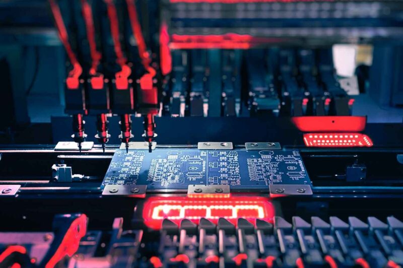 A pcb being inspected on a production line