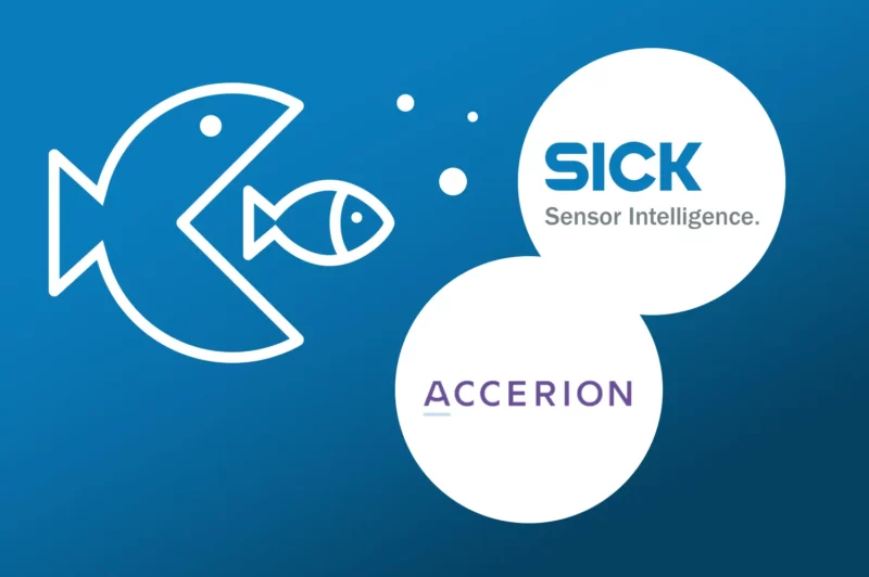 a large fish swallowing a small fish with SICK and Accerion logos in bubbles